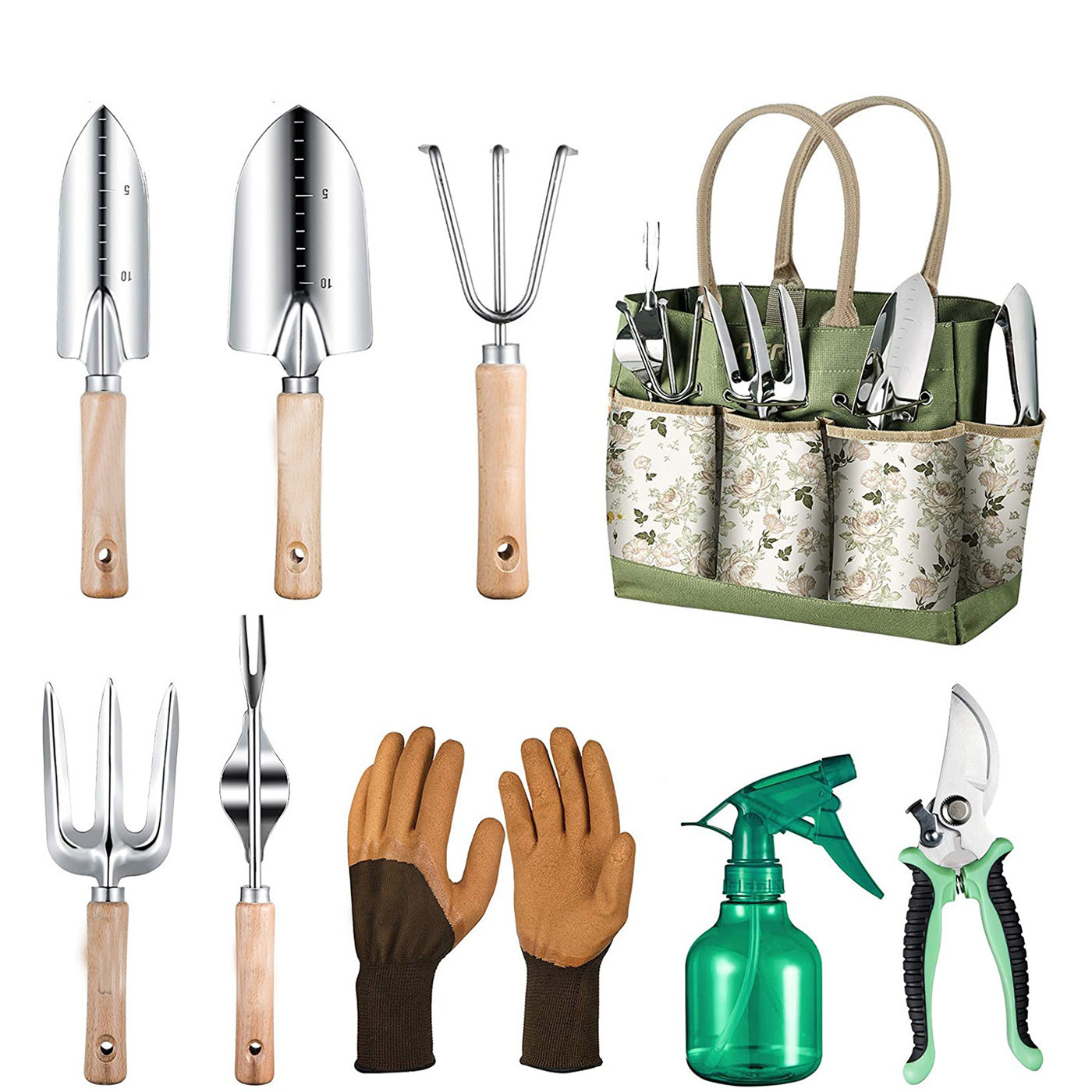 Gardening Tools Hand - 9-delige tuingereedschapset met robuust roestvrijstalen handgereedschap,